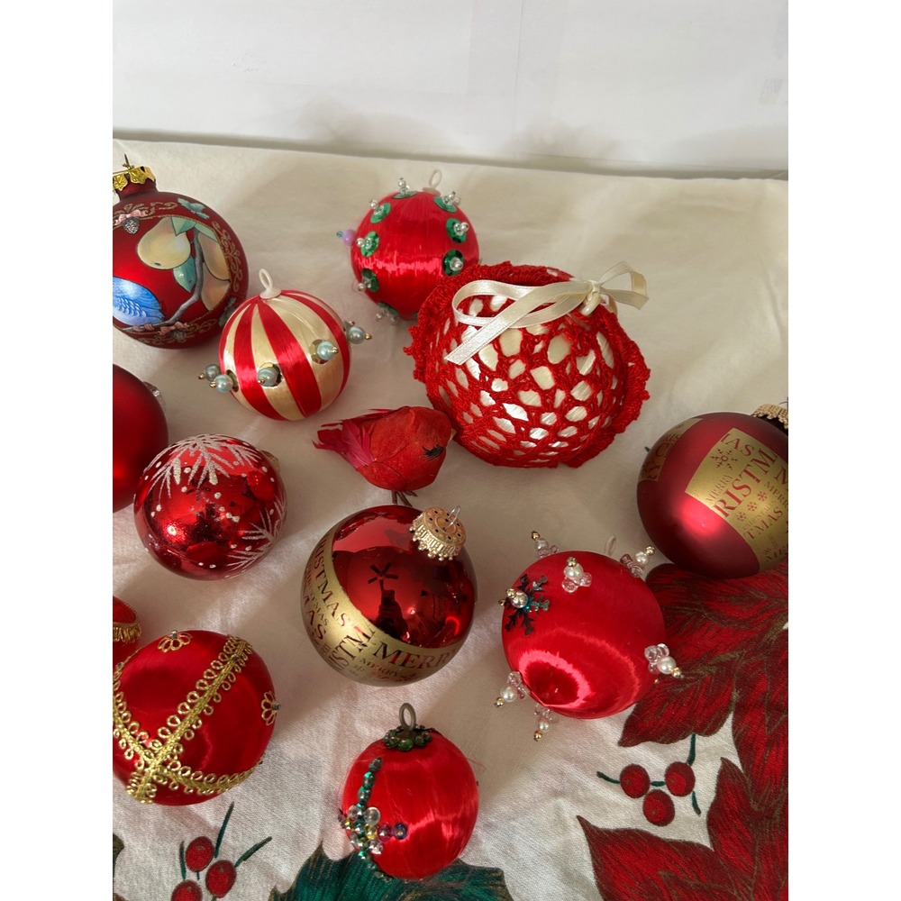 Bulk Lot Christmas Ornaments Red Gold Satin Glass Beaded Vintage Mixed Set 12pc